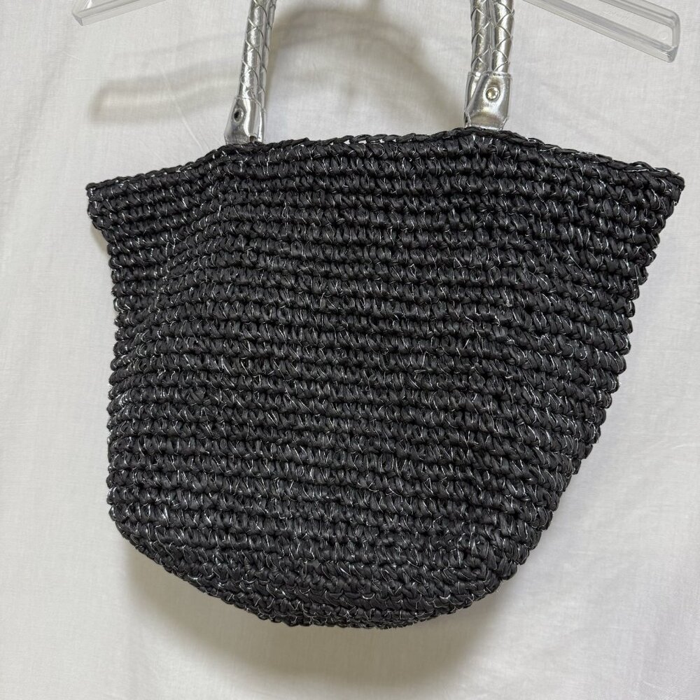 Straw purse bag black boho Medium black handles Silver Metallic Threads - Picture 6 of 7